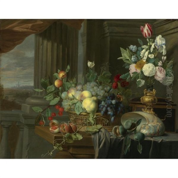 Still Life Of A Basket Of Fruit, Flowers In A Gilt Vase, A Nautilus Shell And Other Objects On A Draped Table Near An Open Window, A Landscape Beyond - view 1