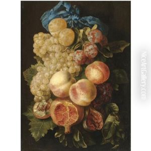 A Still Life With Plums, Grapes, Peaches And A Pomegranate, Tied With A Blue Ribbon by Christiaan Luycks