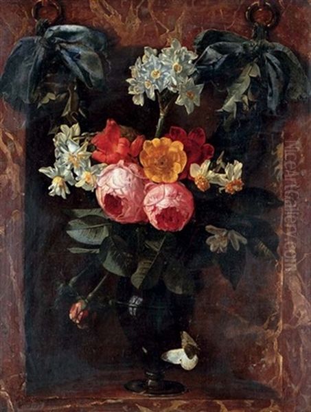 Roses, Narcissus And Anemone In A Glass Vase, Set Within A Marble Niche, A Festoon Behind - view 1