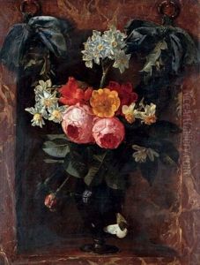 Roses, Narcissus And Anemone In A Glass Vase, Set Within A Marble Niche, A Festoon Behind