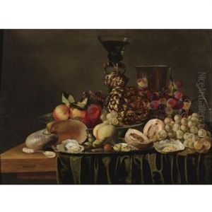 Still Life With A Gilt Cup And Glass Holder, A Silver Beaker, A Nautilus Shell, Fruit And Oysters Arranged On A Draped Ledge