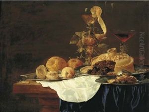 A Pie On A Silver Plate, A Lemon And Peaches On A Platter, With Hazlenuts On A Plate, A Roemer And A Glass Of Red Wine On A Partly-draped Table