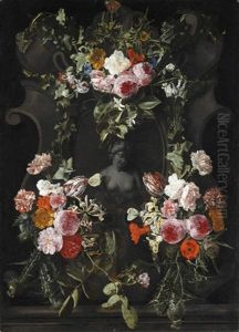 A Female Stone Bust Set In A Stone Cartouche, Surrounded By A Garland Of Flowers Including Roses, Parrot Tulips, A Poppy And Thistles by Christiaan Luycks