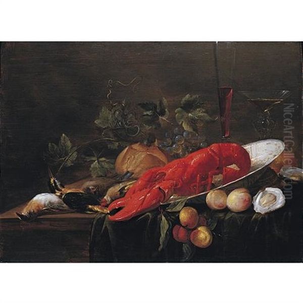 Still Life Of A Lobster In A Wanli Kraak Porcelain Bowl, With Peaches, Grapes, Bread, Oysters, Glasses Of Wine, A Kingfisher, Goldcrest And Other Songbirds, Arranged Upon A Table - view 1