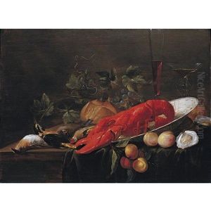 Still Life Of A Lobster In A Wanli Kraak Porcelain Bowl, With Peaches, Grapes, Bread, Oysters, Glasses Of Wine, A Kingfisher, Goldcrest And Other Songbirds, Arranged Upon A Table by Christiaan Luycks