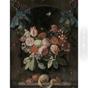 A Festoon Of Flowers Suspended By Blue Ribbons Before A Niche, With A Peeled Lemon, Cherries, An Orange And A Plum Resting On A Ledge Below by Christiaan Luycks
