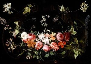 Blumengirlande Mit Rosen, Tulpen, Narzissen, Geisblatt Und Efeu Vor Einer Steinkartusche