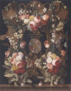 A Garland Of Roses, Carnations, Snowdrops, Honeysuckle, Morning Glory And Other Flowers Around A Stone Cartouche With A Coat-of-arms