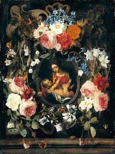 A Still Life Of A Garland Of Flowers With The Virgin And Child Set Within A Stone Cartouche