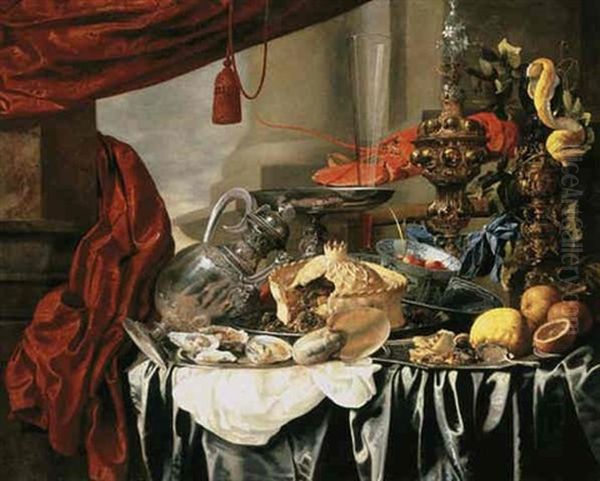 A Pronk Still Life With A Silver Jug, Oysters On A Pewter Plate, A Nautilus-shell, A Pie, A Silver Tazza, A Tall Flute, Fraises De Bois In A Wanli Bowl, A Lemon And A Spoon... - view 1