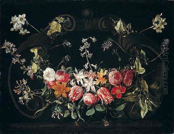 A Garland Of Flowers Including Roses, Tulips, Narcissi, Honeysuckle And Ivy Adorning A Stone Cartouche - view 1