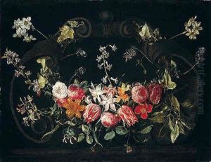 A Garland Of Flowers Including Roses, Tulips, Narcissi, Honeysuckle And Ivy Adorning A Stone Cartouche by Christiaan Luycks