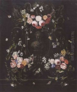 Swags Of Mixed Flowers With Butterflies, Caterpillars, A Ladybird And A Snail Surrounding A Sculpted Stone Cartouche With A Bust Of Flora