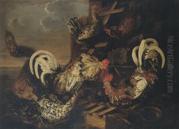 Farmyard Scene With A Fox Attacking Bantams - view 1