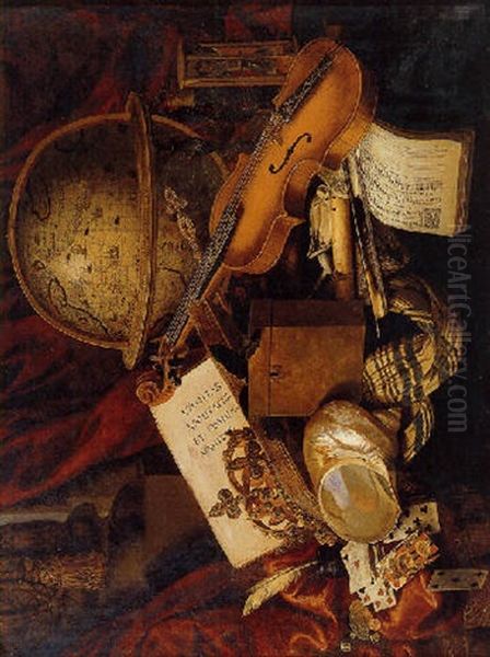 A Still Life With A Nautilus Shell, Playing Cards, A Crown, A Violin, A Globe And Other Objects Resting On A Draped Table - view 1