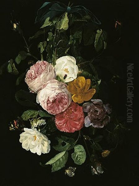 A Still Life Of A Bouquet Of Roses Hanging By A Blue Ribbon From A Nail - view 1