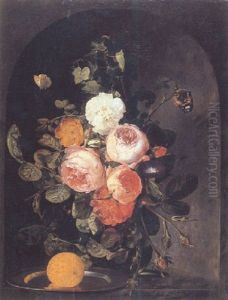 Still Life Of Flowers In A Glass Vase With An Orange On A Pewter Plate, Before A Stone Niche