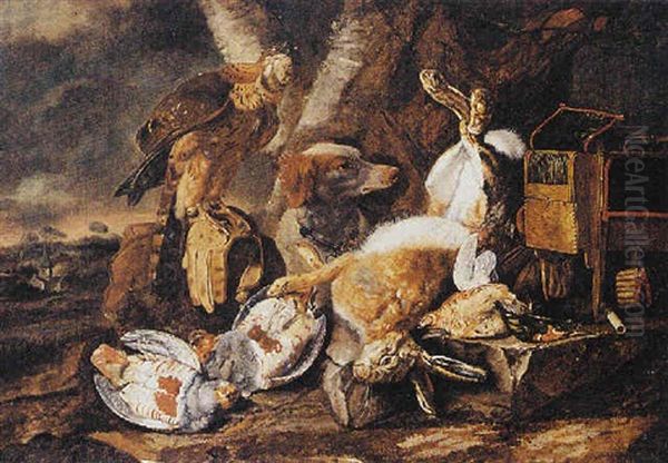 A Still Life With A Dead Hare And Dead Birds, A Falcon, A Dog And Hunting Paraphernalia, All Under A Tree In A Landscape - view 1
