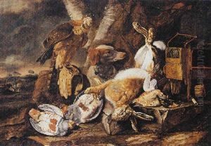 A Still Life With A Dead Hare And Dead Birds, A Falcon, A Dog And Hunting Paraphernalia, All Under A Tree In A Landscape by Christiaan Luycks