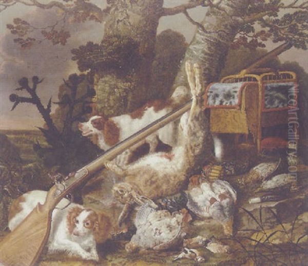 Spaniels, Dead Game, A Musket And Other Hunting Equipment On A Bank Beneath A Tree - view 1