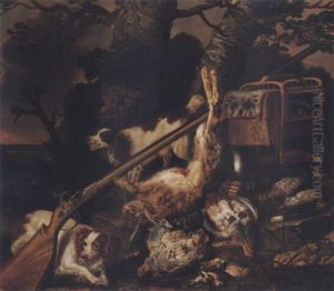 Still Life Of Game, A Musket And Other Hunting Equipment With Spaniels In A Landscape by Christiaan Luycks