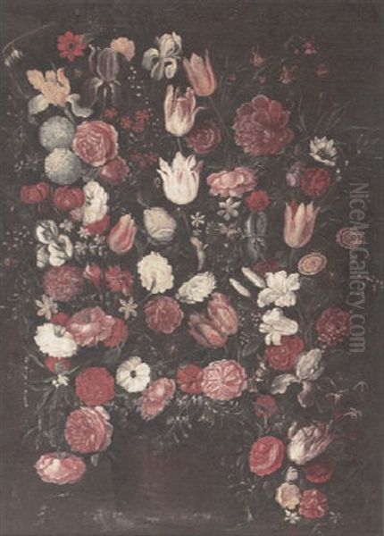 A Still Life With Tulips, Roses, Peonies And Other Flowers In A Barrel - view 1