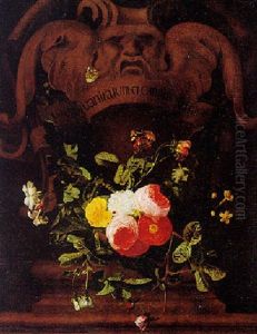 Still Life Of Roses With Butterflies In A Stone Cartouche