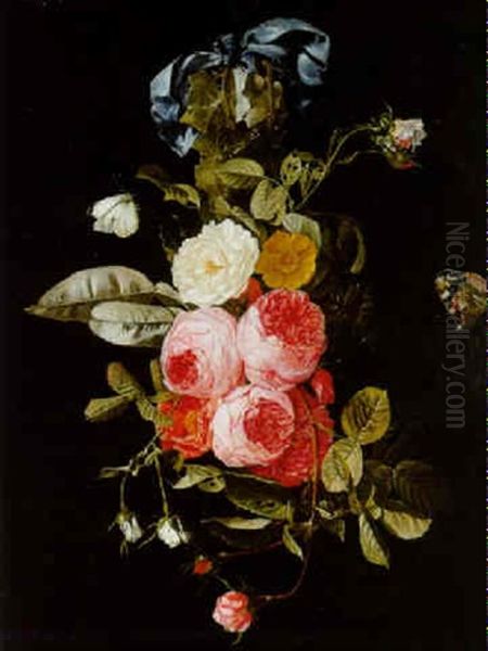 A Swag Of Roses Hanging From A Blue Ribbon With A Red Admiral And A Cabbage White - view 1