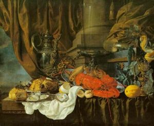 A Pronk Still Life With Lobsters, Silver Dishes, A Nautilus Shell, Lemons, And Other Objects All Upon A Table Top Drapped With Green Velvet by Christiaan Luycks