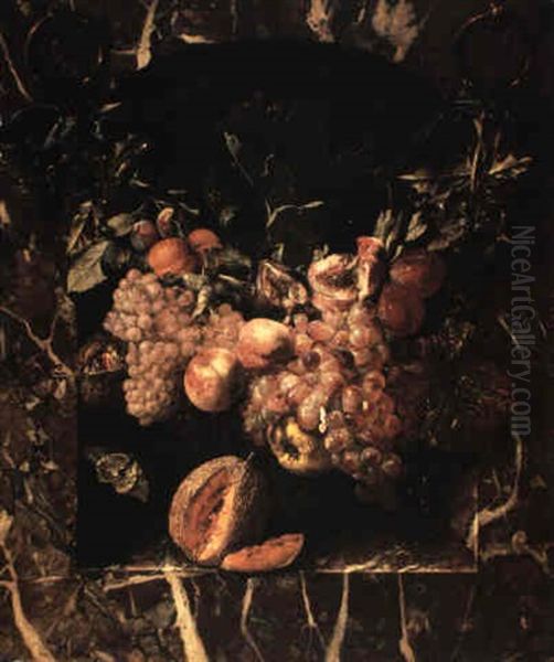 Swag Of Fruit In A Marble Niche With A Melon On The Ledge - view 1
