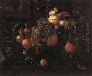 Fruchtgirlande Mit Trauben, Feigen, Pfirsichen, Zitronen, Ribiseln Audn Stachelbeeren Vor Einem Steiaufbau by Christiaan Luycks