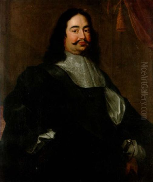 Portrait Of A Gentleman In A Black Robe With Slashed Sleeves And A White Lace Collar, Holding Gloves In His Left Hand - view 1