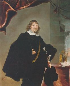 Portrait Of A Nobleman (johann Andreas, Graf Von Liebenberg?) Beside A Table Clock, Holding A Hat by Frans Luyckx