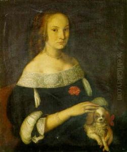 Portrait Of Marie Ruthaven, In A Blue Dress, Holding A Spaniel
