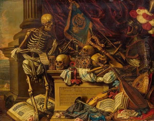 Memento Mori Still Life With Musical Instruments, Books, Sheet Music, Skeleton, Skull And Armour - view 1