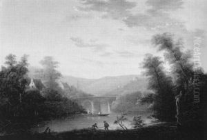 Mountainous River Landscape With Aqueduct, Figures And Cottages by Joseph Lyman