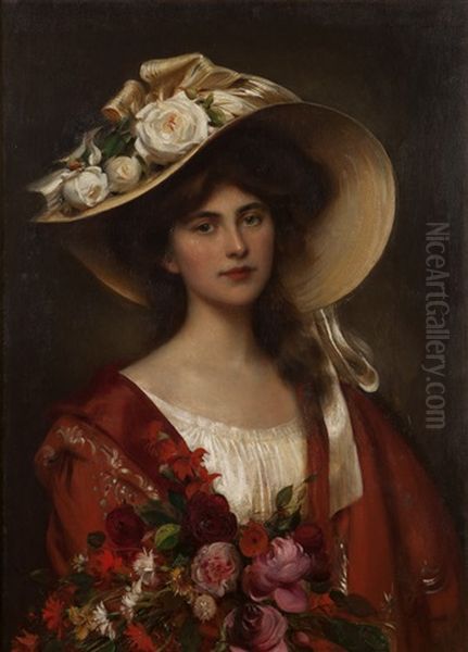 Portrait Of A Young Woman In A Hat Holding A Bouquet Of Flowers - view 1