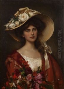 Portrait Of A Young Woman In A Hat Holding A Bouquet Of Flowers by Albert Lynch