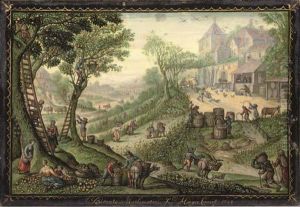 Peasants Harvesting And Gathering Apples From Trees In A Hilly Landscape by Jacob Berents