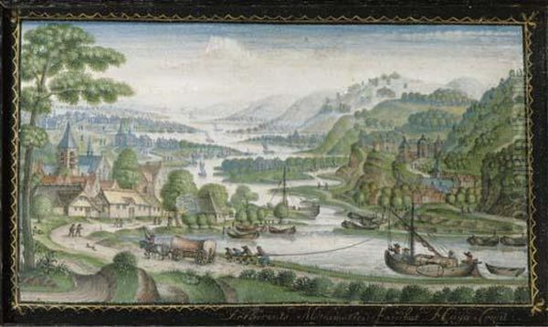 An Extensive River Landscape With Travellers Pulling A Trekschuiton A Path In The Foreground - view 1
