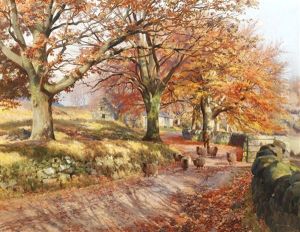Shepherd And His Flock On A Country Lane by John Howard Lyon