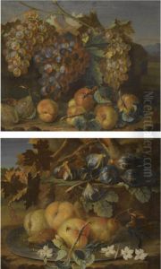 A Still Life Of Grapes On The Vine, Plums And Peaches In Alandscape