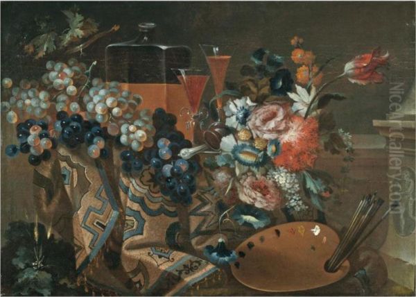 A Still Life With Grapes, A Carafe Of Wine And Two Glasses, Together With A Bouquet Of Flowers And An Artist's Palette - view 1