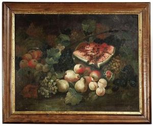 Grapes, Peaches, Pears And A Melon. Baroque Frame. Oil/canvas/canvas by Christian Berentz