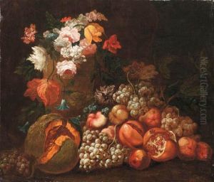 Uva, Melone, Melograni, Pesche Su Basamento E Rose, Tulipani, Gladioli in Vaso Di Pietra by Christian Berentz