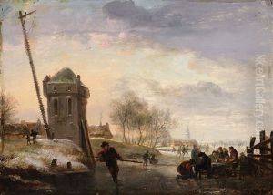 Ice Skating Before A Dutch Town by Johannes Maas the Younger