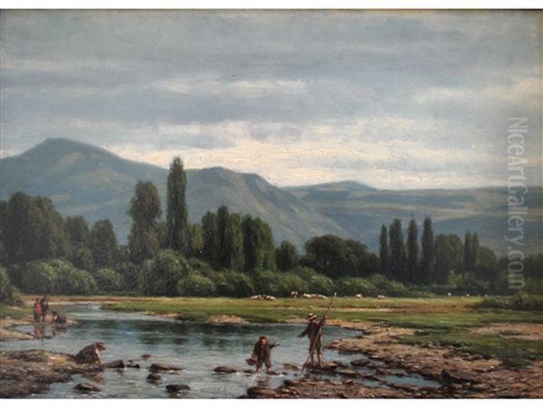 Figures Fishing In A Landscape, With Distant Hills - view 1