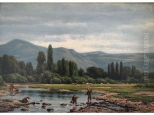 Figures Fishing In A Landscape, With Distant Hills by Jacob Jan van der Maaten