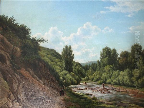 River Landscape Scene With A Man Spear Fishing by Jacob Jan van der Maaten