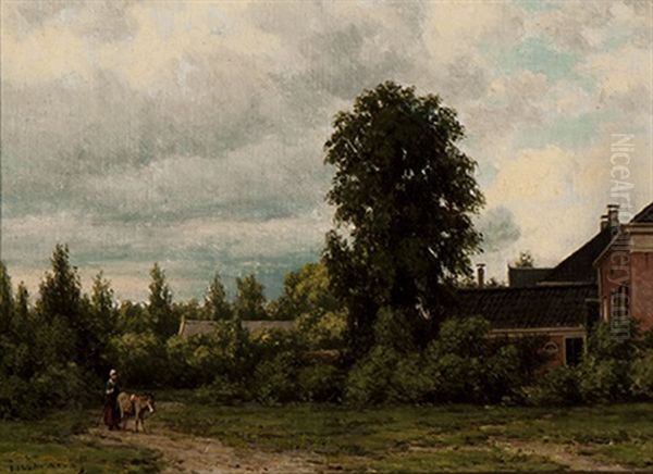 Woman With A Donkey By A Large Farmstead - view 1